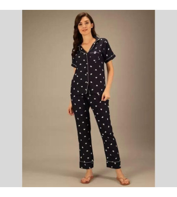 Womens Rayon Heart Print Collared Neck Night Suit